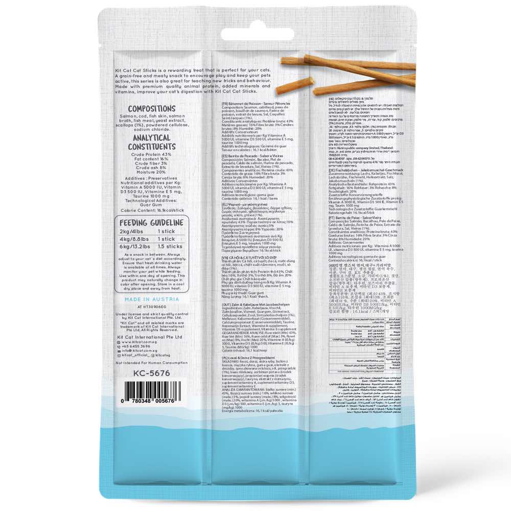 4 FOR $5.90: Kit Cat Cat Stick Salmon & Scallop Grain-Free Cat Treats 3pc
