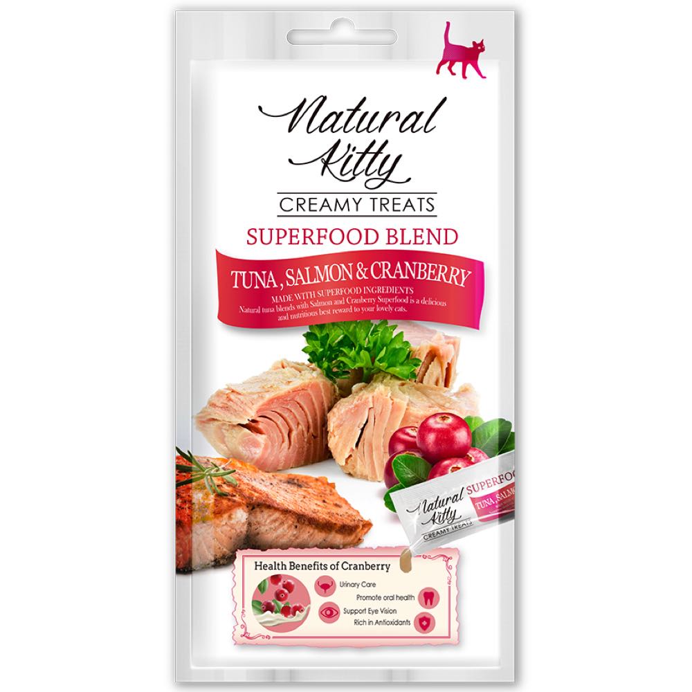"25% OFF (Exp 7Mar25): Natural Kitty Superfood Blend Tuna, Salmon & Cranberry Creamy Liquid Cat Treats 48g"